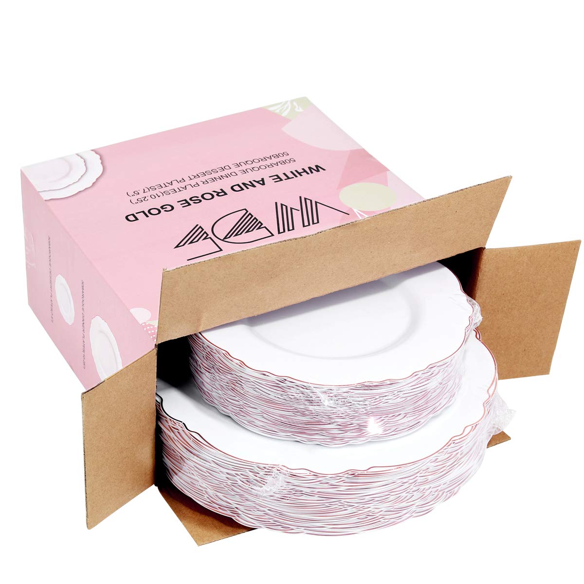 100-Pack Rose Gold Plastic Plates - Elegant Baroque White & Rose Gold Disposable Dinnerware Set (50x 10.25