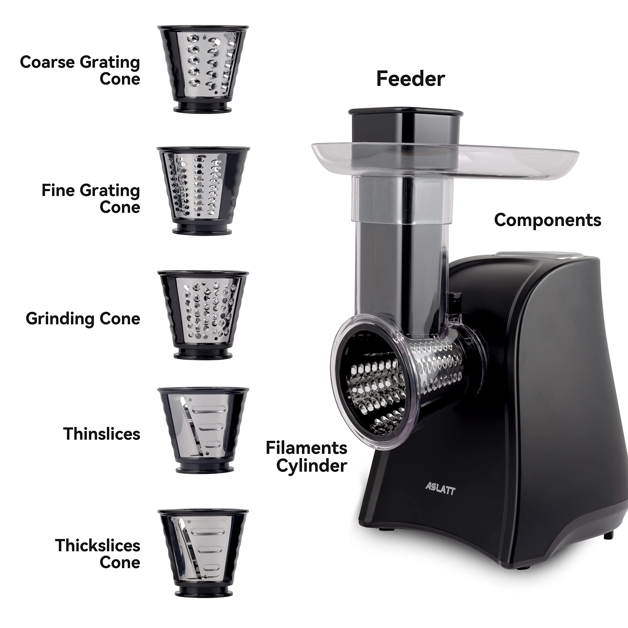 Electric Slicer & Cheese Grater - One-Touch Control Kitchen Appliance with 5 Attachments for Fruits, Vegetables, Cheese | Perfect for Home Cooking, Meal Prep & Salad Making