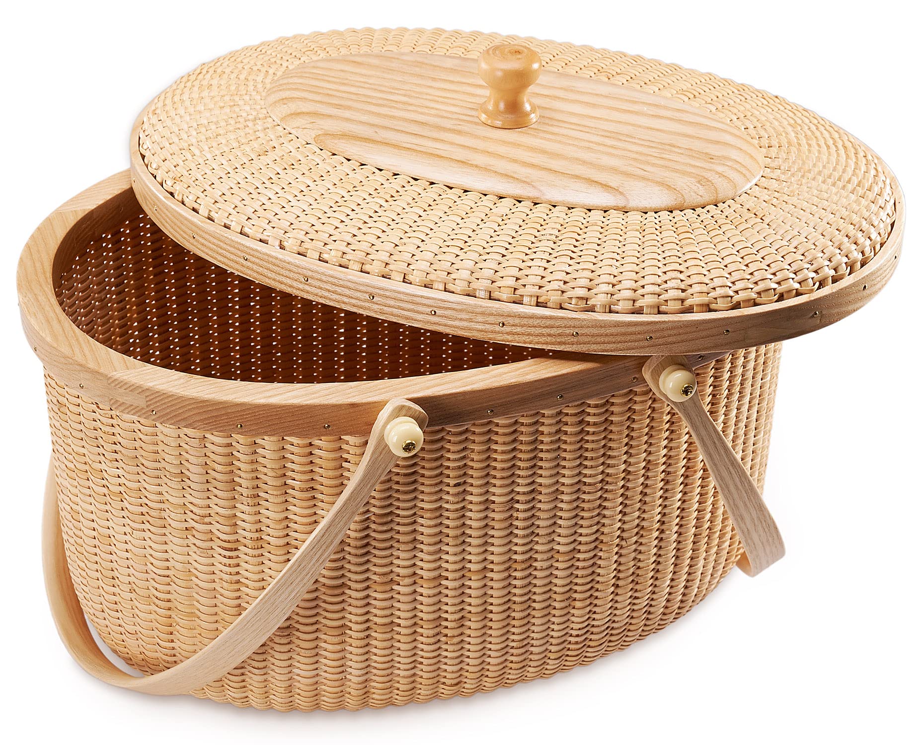 Handmade Nantucket Style Rattan Picnic Basket with Swing Handles - Woven Sewing Storage Tote Bag for Women - Perfect for Beach Outings, Picnics & Home Decor