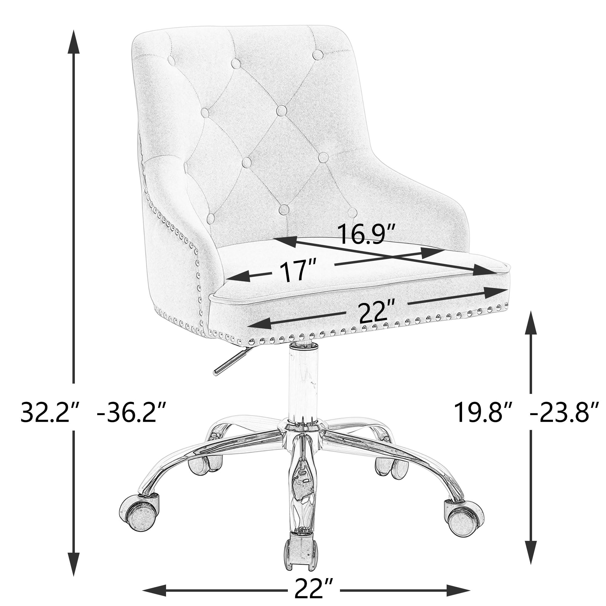 Luxury Velvet Office Chair with Tufted Back & Nailhead Trim - Adjustable Swivel Computer Desk Chair with Arms - Elegant Grey Vanity Chair for Home Office, Bedroom & Dressing Room