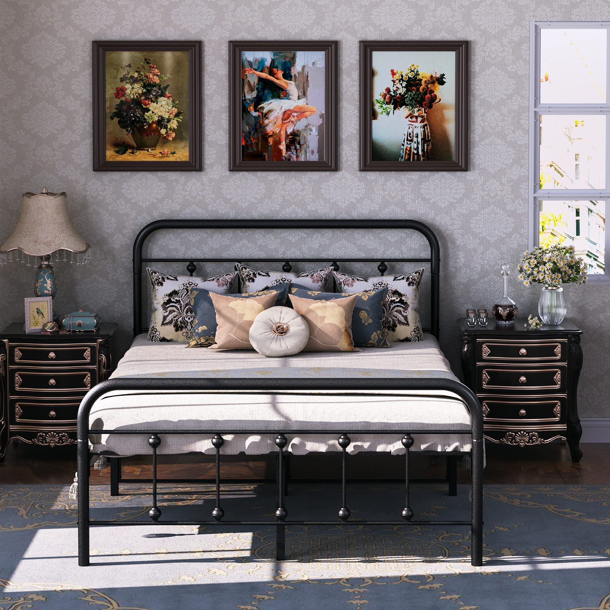 Heavy Duty Metal Full Size Bed Frame with Headboard & Footboard - Sturdy Steel Slat Support, Iron-Art Design in Black - Perfect for Master Bedrooms, Guest Rooms & Dormitories