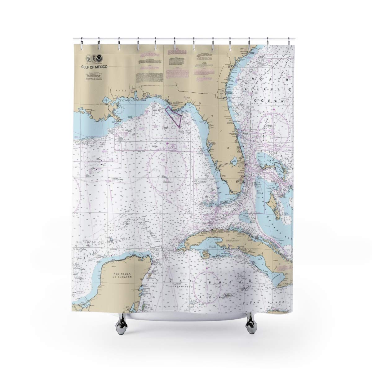 Gulf of Mexico Nautical Chart Shower Curtain - 71x74 Inches Waterproof Bathroom Decor - Perfect for Coastal, Beach House & Nautical Theme Bathrooms