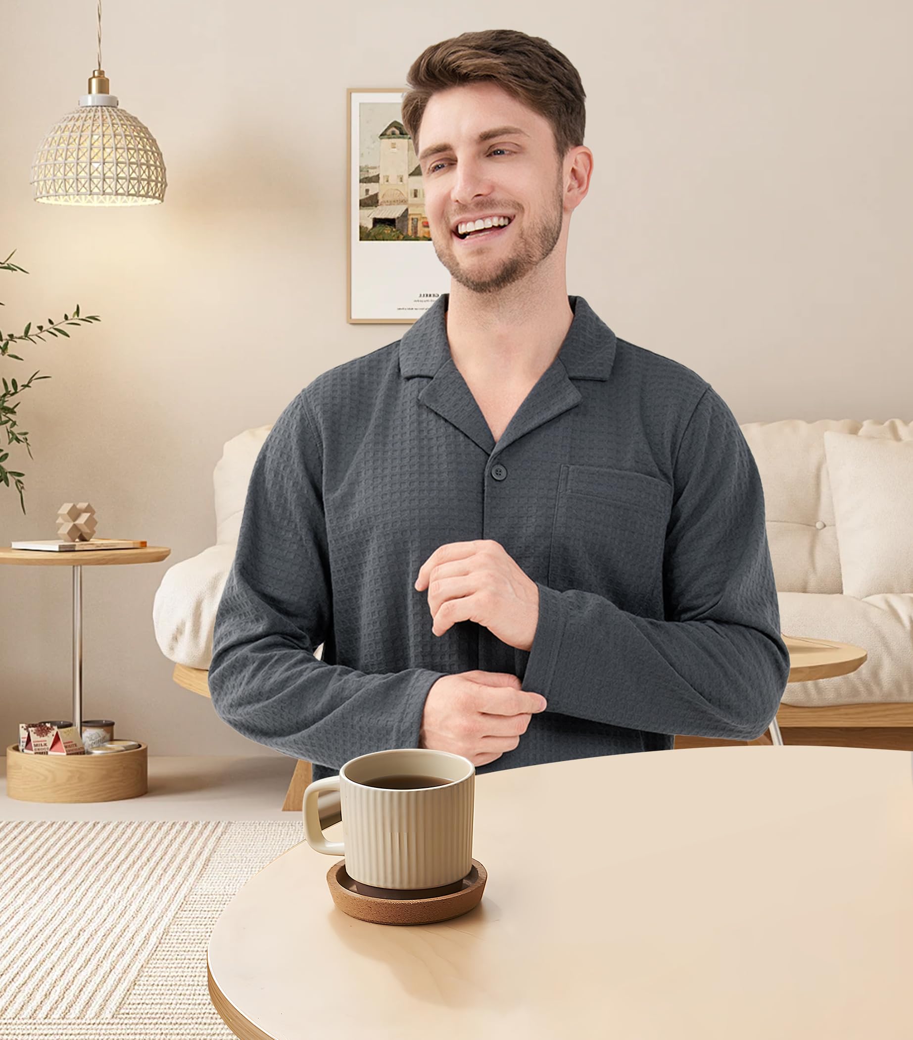 DAVID ARCHY Men's Waffle Knit Pajama Set - Soft & Warm Sleepwear with Notched Collar & Roomy Pockets - Cozy Loungewear for Winter Nights, Relaxing at Home & Gift Giving