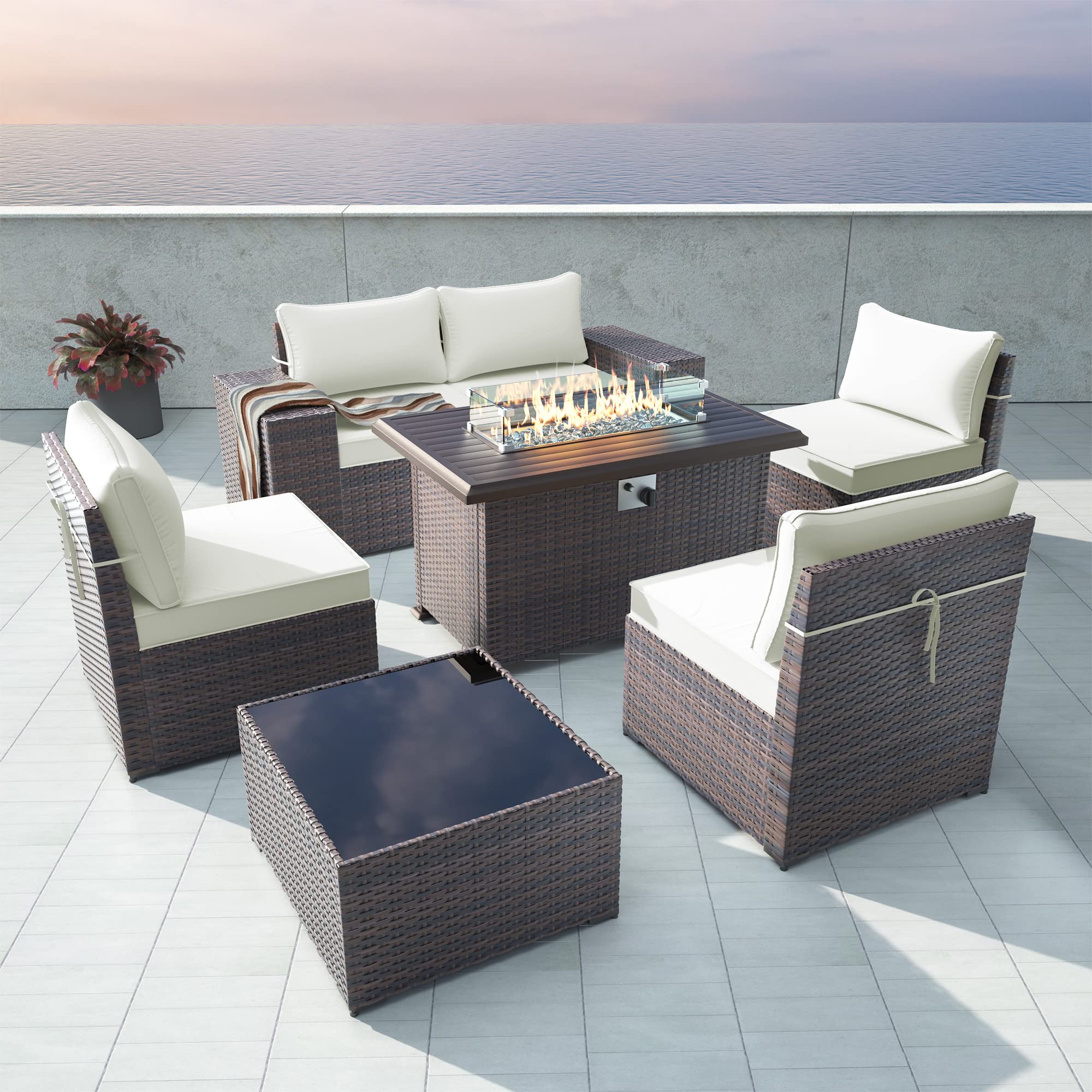 Gotland 7-Piece Outdoor Patio Furniture Set with 43-inch Gas Fire Pit Table - 55,000 BTU Propane Sectional Sofa Set with Auto-Ignition & Glass Wind Guard - Perfect for Backyard, Garden, and Poolside Relaxation