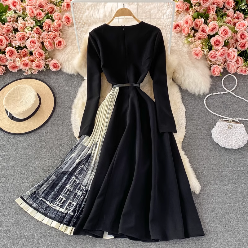 Elegant Autumn V-Neck Long Sleeve Ink Painting Pleated A-Line Dress - Flowy Floral Print Women's Midi Dress for Fall Weddings, Office Wear & Date Nights