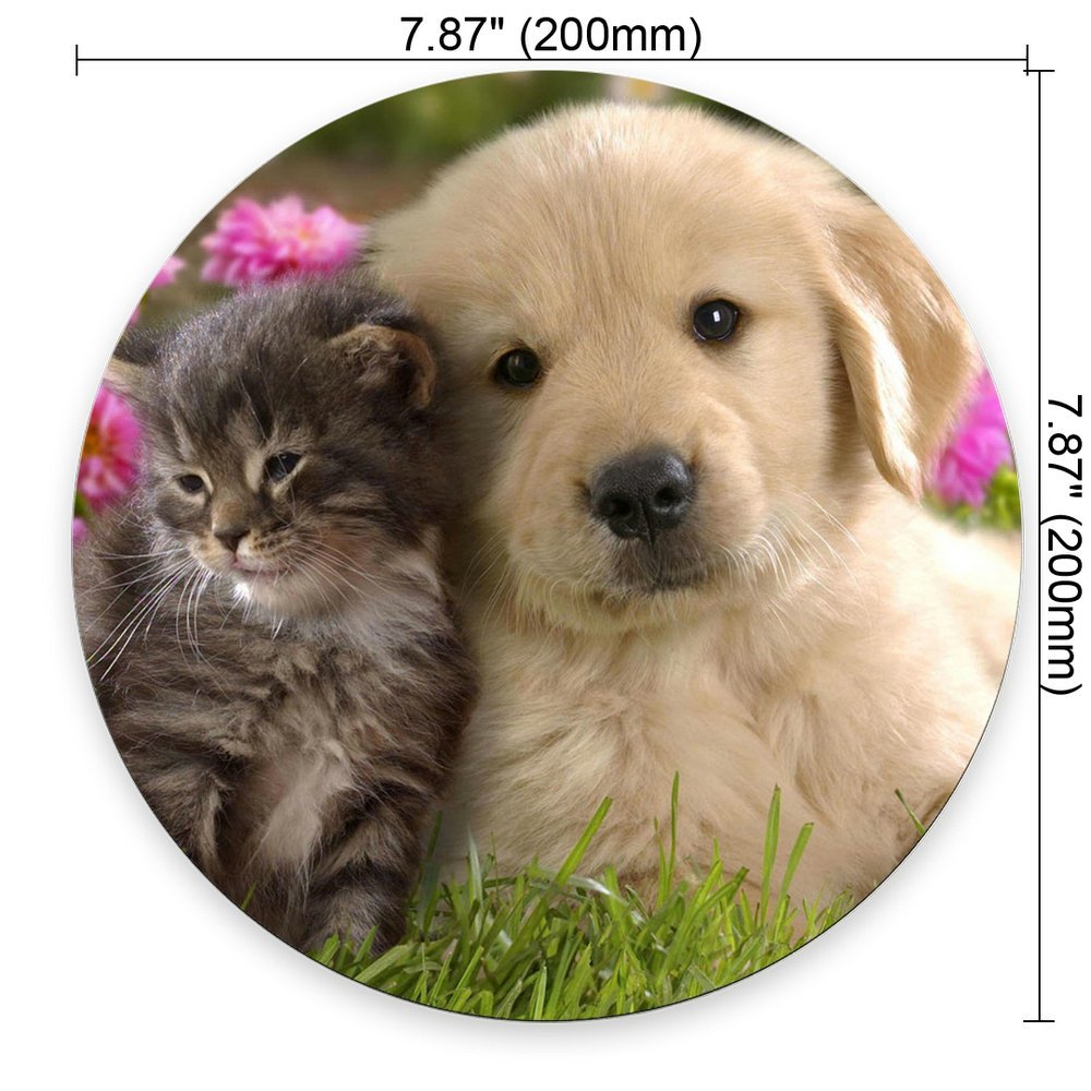 Custom Gaming Round Mouse Pad with Cute Animal Designs - Cat, Kitten, Dog & Golden Retriever Puppy - Non-Slip Desk Mat for PC, Laptop, Office & Home Use