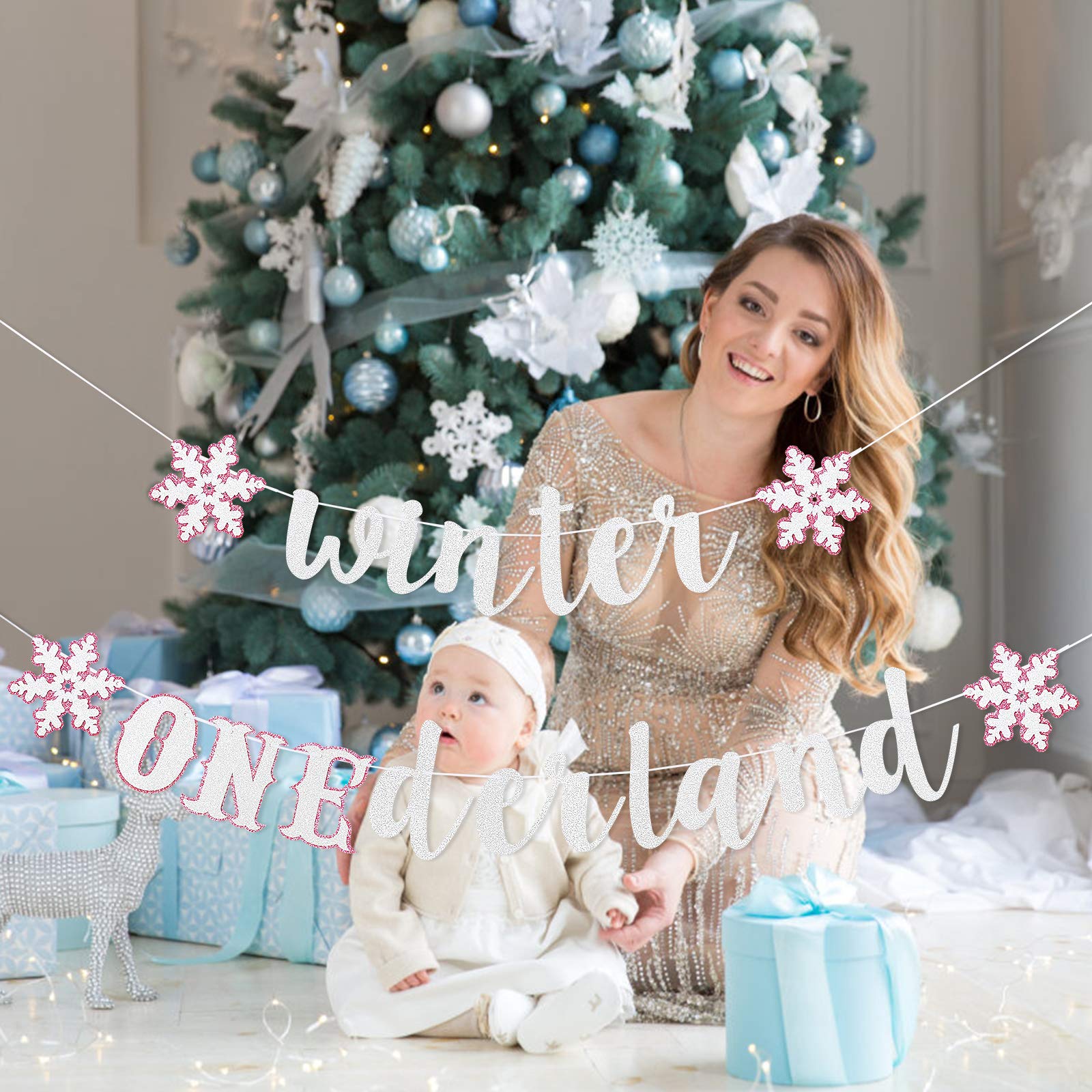 Silver & Pink Glitter Winter Onederland Banner - 1st Birthday Party Decor for Girls | Winter Wonderland Theme Decorations for Baby's First Birthday Celebration (Perfect for Photo Backdrops, Cake Tables & Nursery Decor)