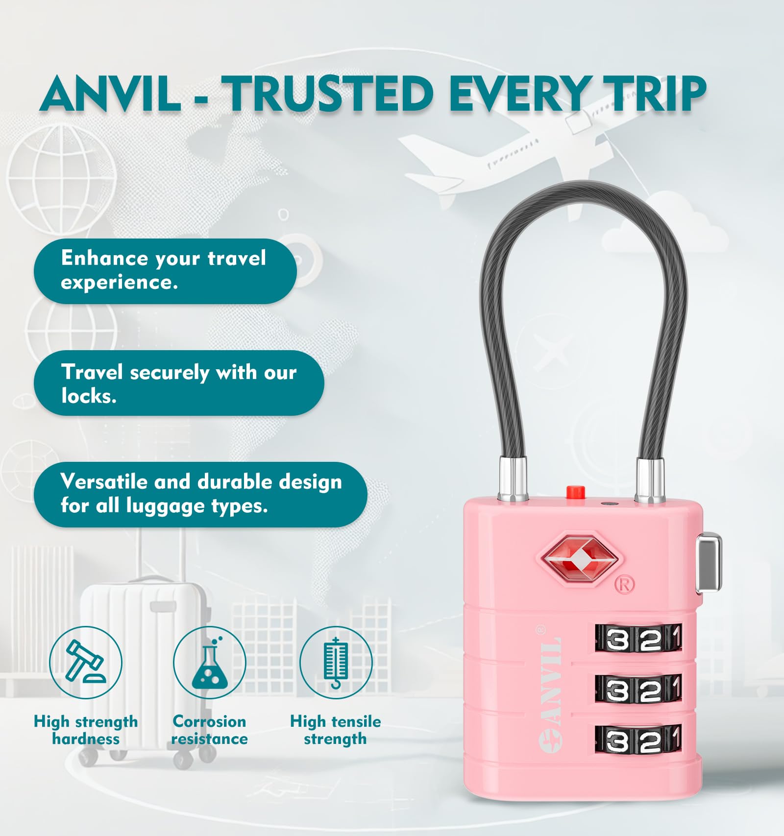 ANVIL TSA Approved Luggage Locks (2-Pack, Pink) - Secure TSA008 Core with Alert Indicator for Suitcases, Backpacks & Gym Bags | Travel Essentials & Daily Use Protection