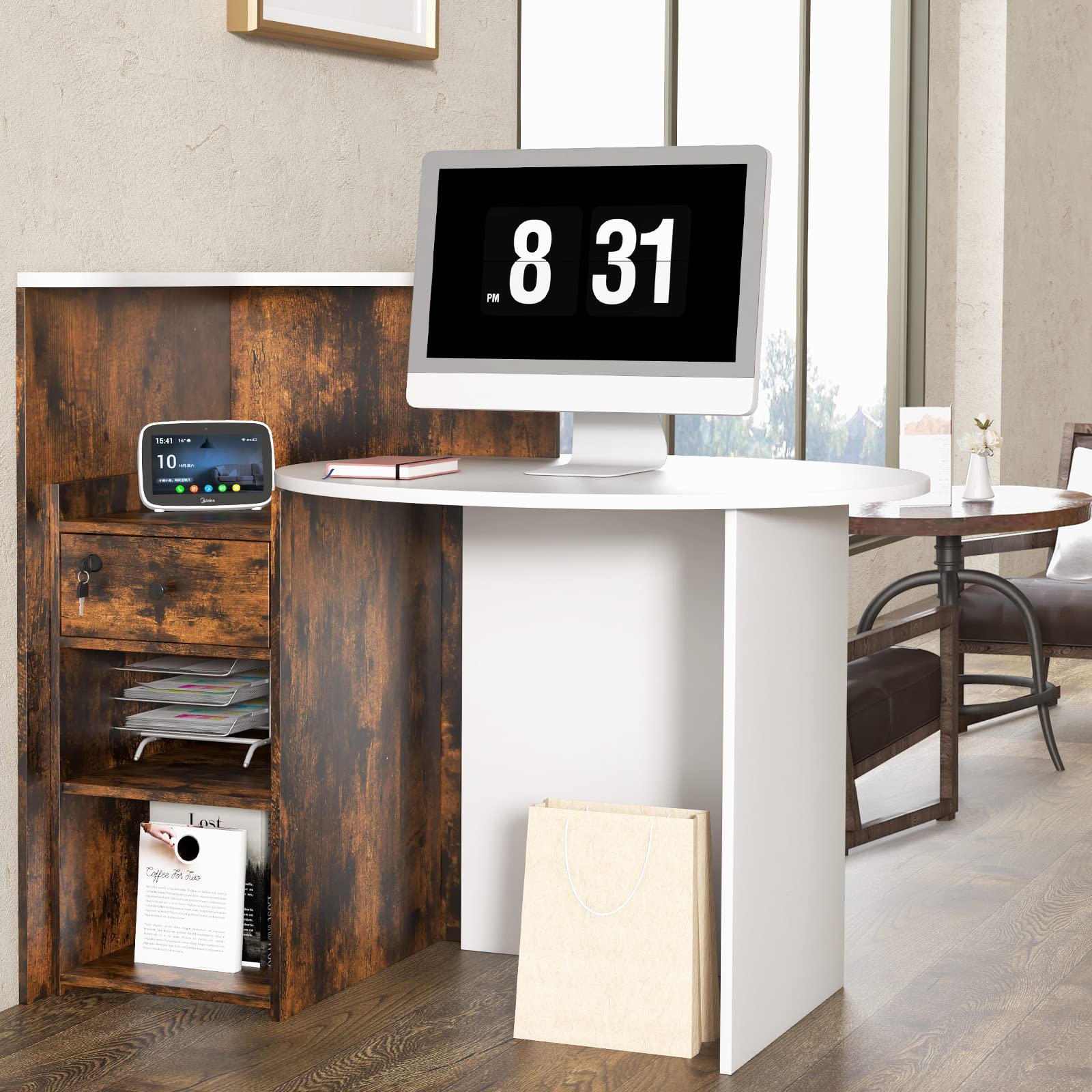 Tangkula Oval Reception Desk with Lockable Drawer & Adjustable Shelf - 60