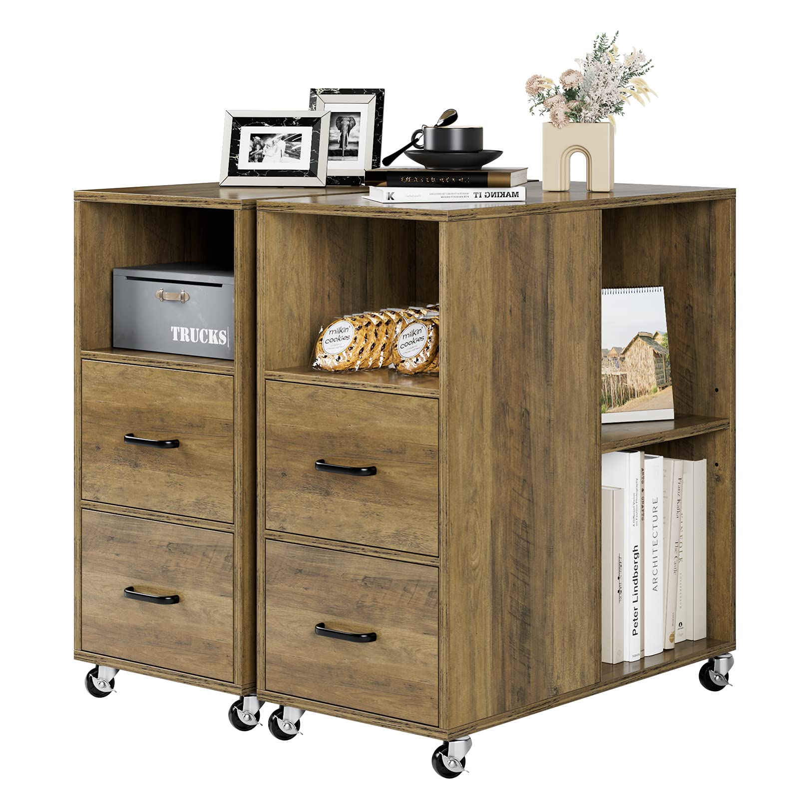 Modern Rustic Brown End Table with Drawer & Wheels - Adjustable Shelf Mobile Nightstand, Home Office Side Table & File Storage Cabinet - Easy Assembly Set of 2 for Bedroom, Living Room & Workspace