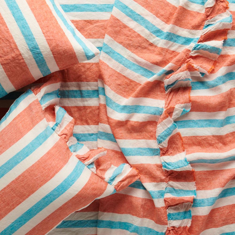 Candy Stripe 100% Linen Flat Sheet - Queen Size Bed Sheet Set - Breathable & Soft Linen Bedding for Summer - Perfect for Guest Rooms, Vacation Homes & Dorm Rooms