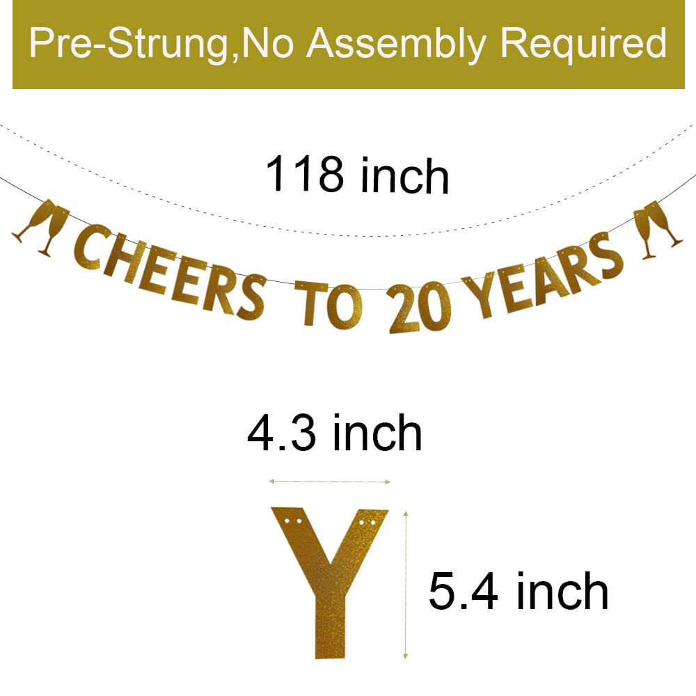20th Birthday & Wedding Anniversary Gold Glitter Banner - CHEERS TO 20 YEARS Pre-strung Party Decorations, No Assembly Required - Perfect for Backdrops, Photo Booths & Celebration Garlands