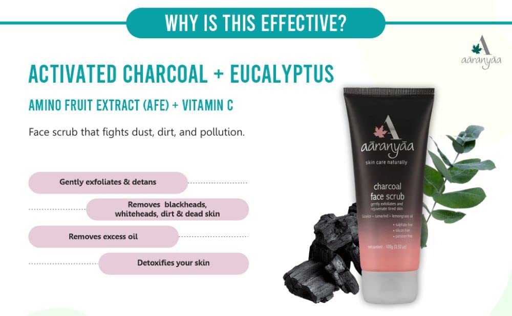 **Aaranyaa Activated Charcoal & Tamarind Face Scrub (100g) – Exfoliating Scrub for Tan Removal, Blackheads, Whiteheads & Dead Skin – Detoxifying Charcoal & Eucalyptus Scrub for Men & Women – Perfect for Daily Skincare & Acne-Prone Skin**