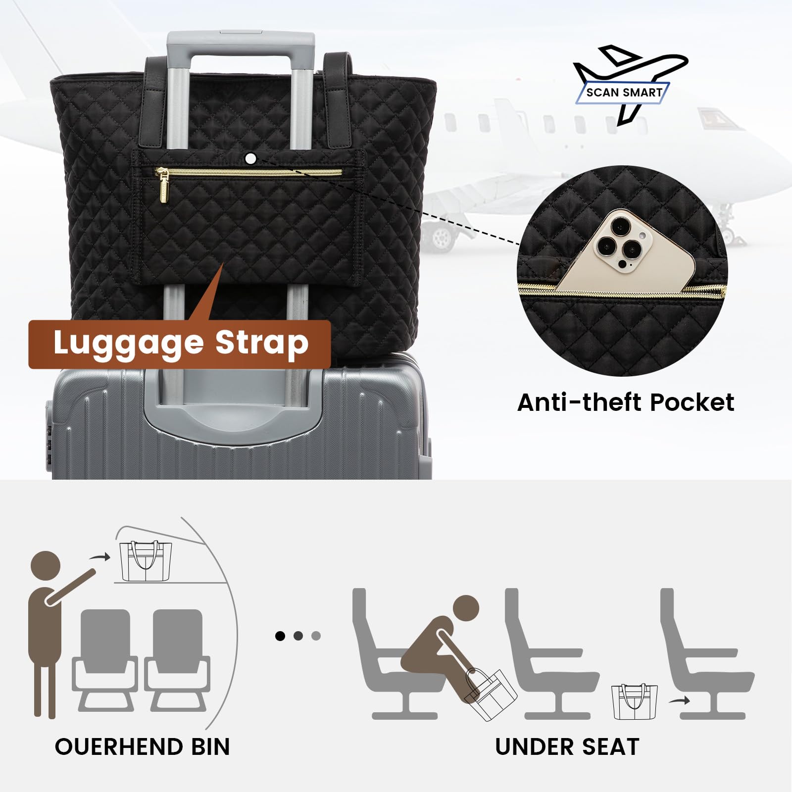 LOVEVOOK 15.6 Inch Diamond Quilted Laptop Bag for Women - Stylish Work Tote, Travel Shoulder Bag & Briefcase with Clutch Purse (Brown/Black/White) | Perfect for Office, Business Travel & Daily Commute
