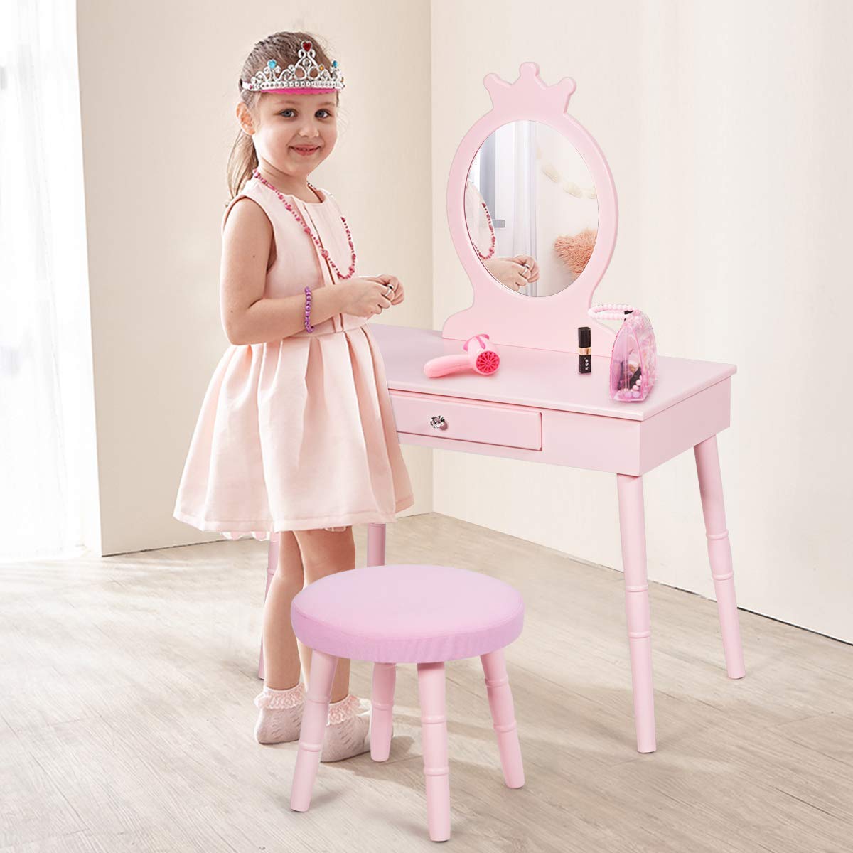 GOFLAME Pink Wooden Princess Vanity Set for Girls - Kids Dressing Table with Real Mirror, Makeup Play Set, Pull-Out Drawer & Cushioned Stool - Perfect for Pretend Play, Birthday Gifts & Bedroom Decor
