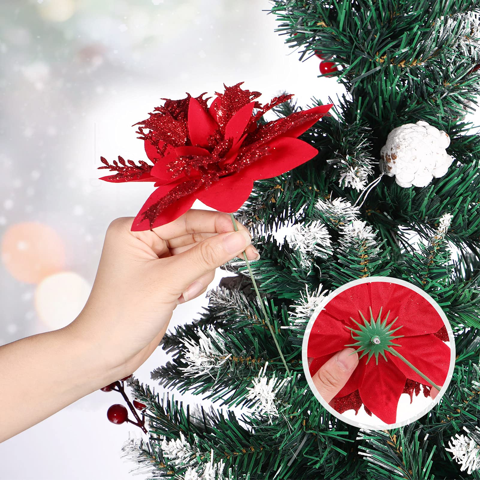 NUOBESTY 12-Piece Red Glitter Poinsettia Flowers Set - Artificial Christmas Tree Ornaments with Stems & Clips for Holiday Home Decor, Xmas Party & Festive Gift Wrapping