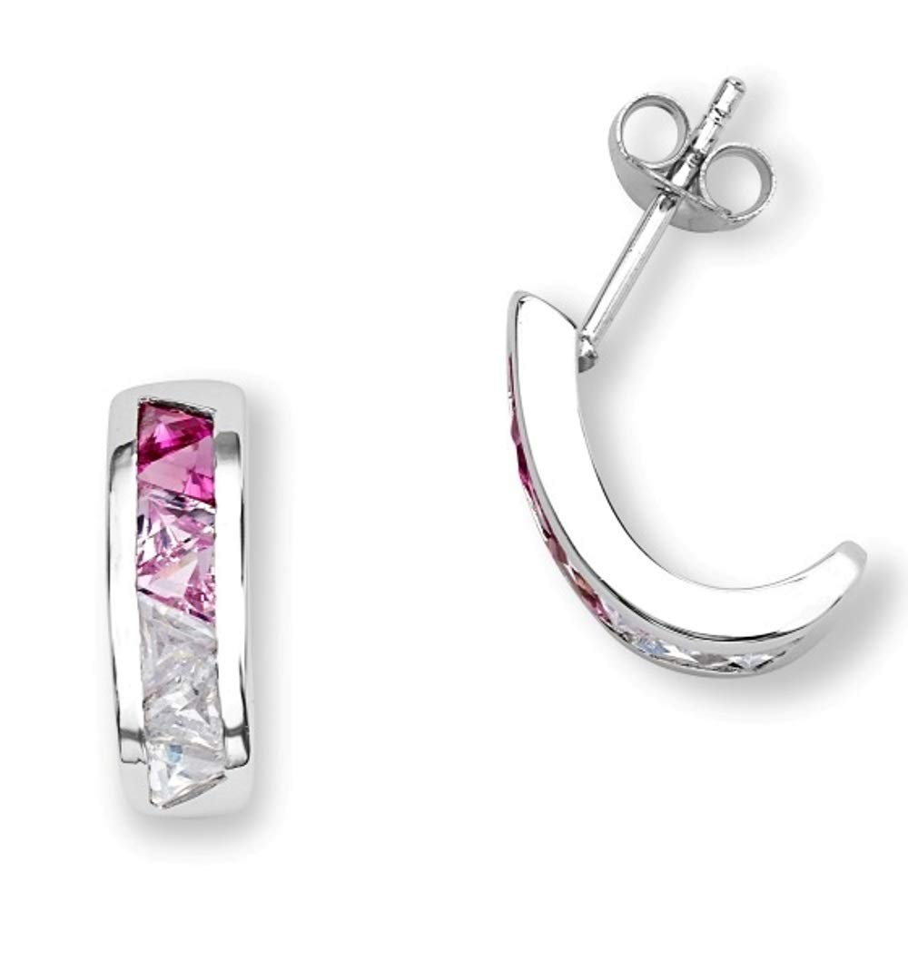 Pink Sapphire and White CZ J-Hoop Earrings - Rhodium Plated Sterling Silver Jewelry for Women | Elegant Gift for Birthday, Anniversary & Special Occasions