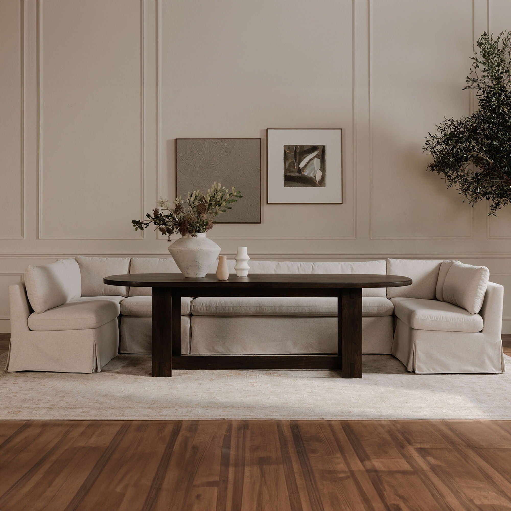 6-Piece U-Shaped Slipcover Dining Banquette Set in Beige – Perfect for Kitchen Nooks, Breakfast Areas & Small Space Dining