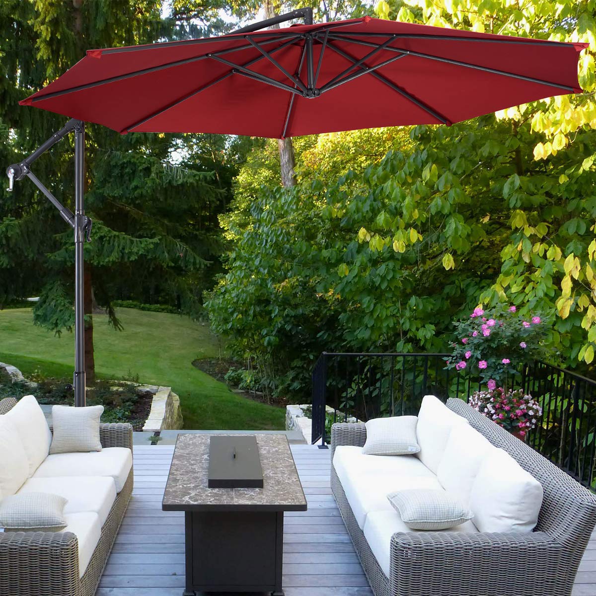 HAPPYGRILL 10ft Outdoor Patio Umbrella with Crank - Sun Shade Offset Market Umbrella for Deck, Poolside, Garden & Backyard