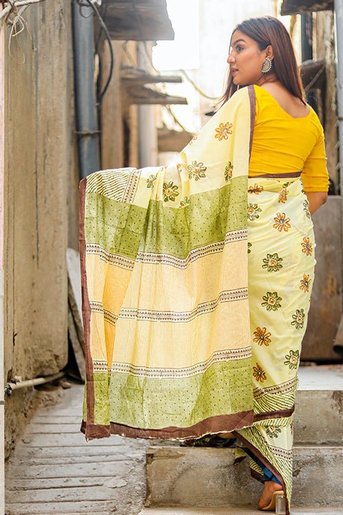 Handblock Printed Mul Cotton Saree - Traditional Indian Saree for Women, Wedding & Festive Occasions