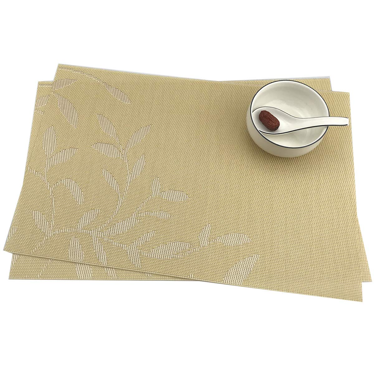 6-Pack PVC Place Mats Set - Washable Woven Vinyl Table Mats with Heat Insulation, Natural Yellow Leaves Design - Perfect for Dining Tables, Kitchen Countertops & Outdoor Picnics (17