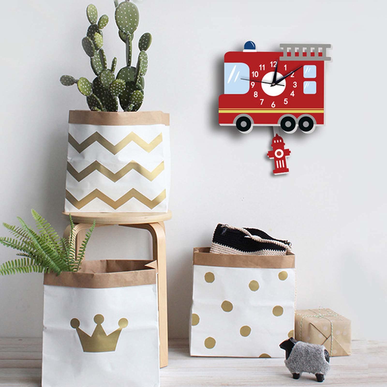 Nordic Style Pendulum Wall Clock - Cartoon Mute Silent Non-Ticking Wall Clock with Fire Truck Design for Kids Room, Nursery, Playroom & Home Decor