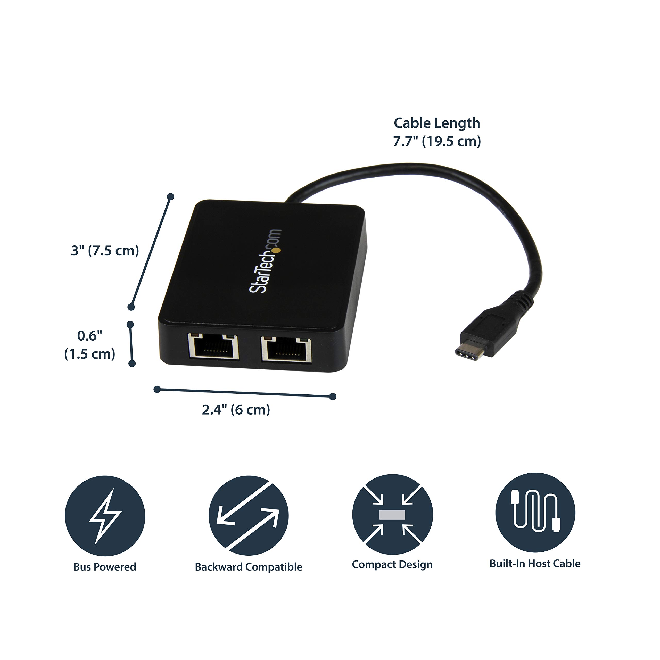 StarTech.com USB C to Dual Gigabit Ethernet Adapter with USB 3.0 Port - High Speed Network Adapter for Laptop, MacBook & PC - Perfect for Office, Gaming & Remote Work (Black)