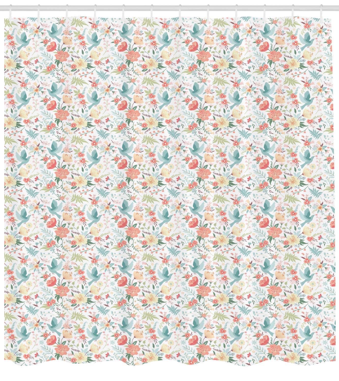 Ambesonne Birds Shower Curtain - Flying Blue Pigeons with Flowers Among Lilies Tulips Roses, 105