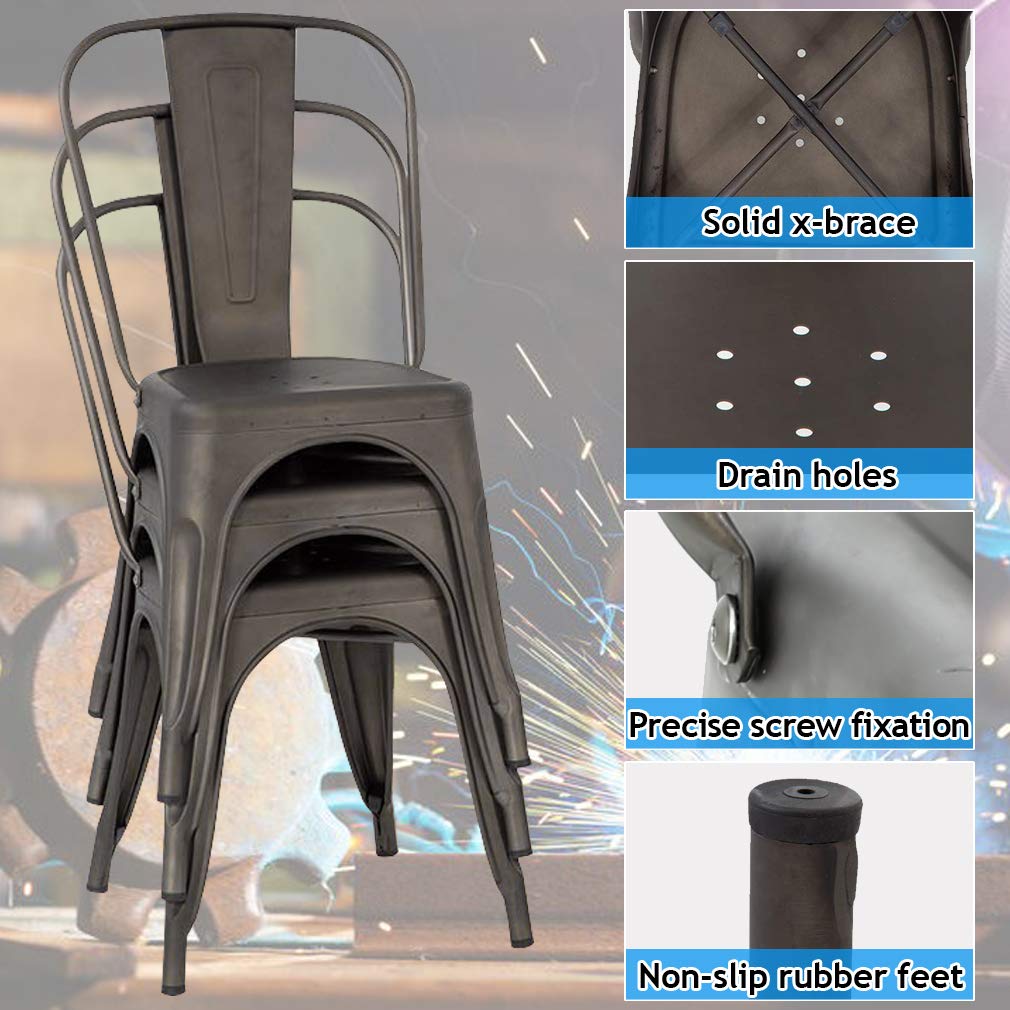 Metal Dining Chairs Set of 4 - Indoor Outdoor Stackable Bistro Chairs with 18 Inch Seat Height & 330LBS Capacity - Perfect for Restaurant, Cafe, Kitchen, Farmhouse, Pub & Industrial Decor