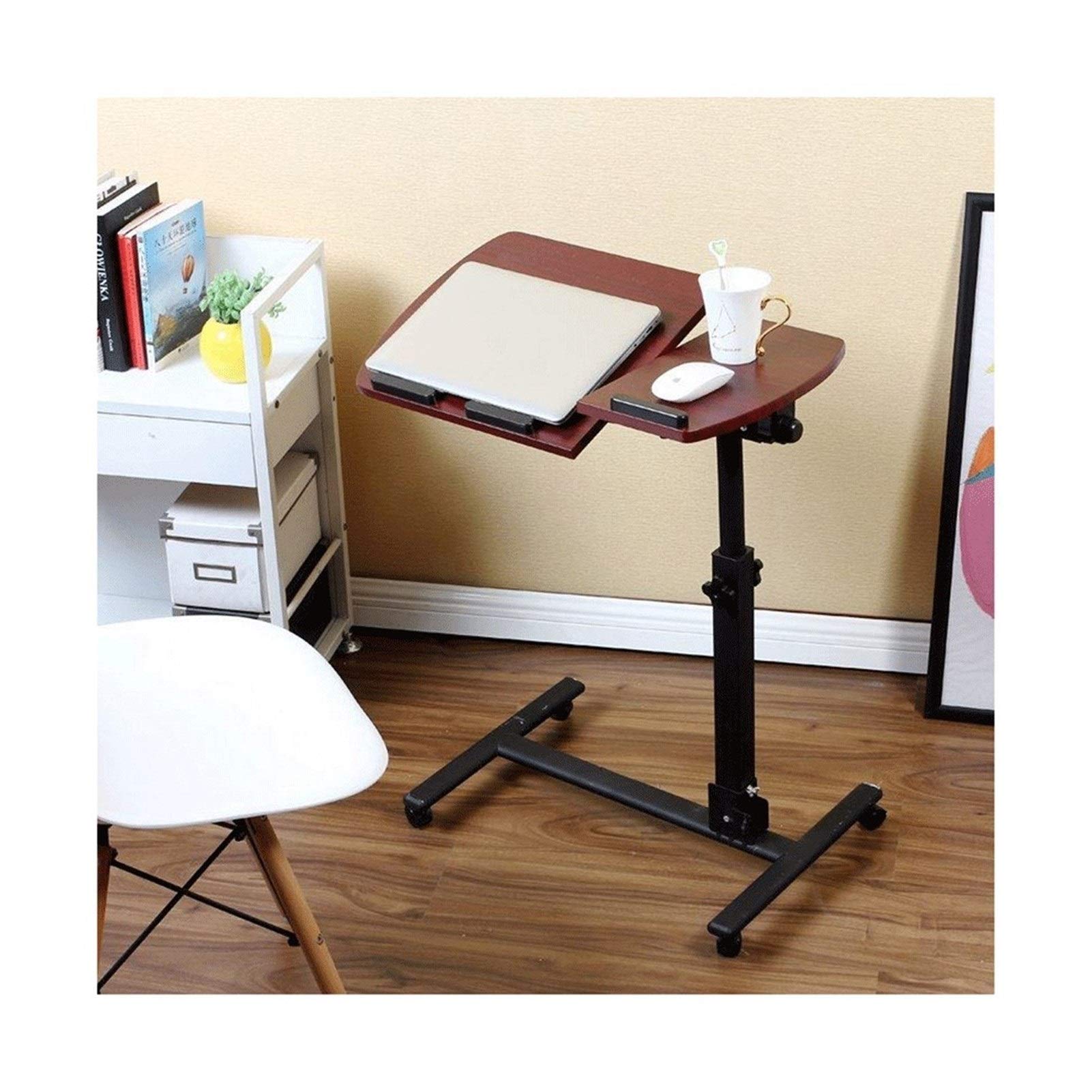Adjustable Height Mobile Laptop Desk - Wooden Rolling Lap Table for Sofa, Bed & Wheelchair Use - Overbed Table with Wheels (Red Walnut) - Perfect for Home Office, Nursing Care & Bedside Computing