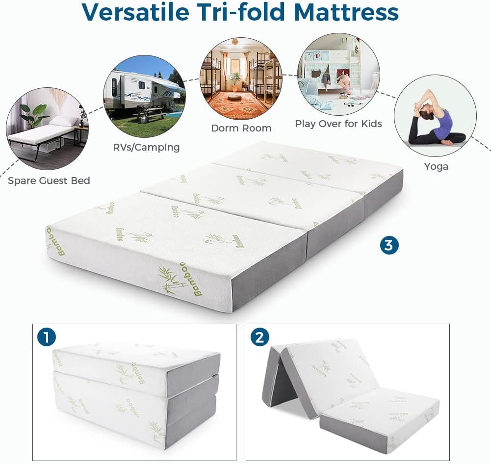 Inofia 6 Inch Queen Size Folding Mattress - Tri-Fold Memory Foam Mattress with Ultra Soft Removable Cover, Portable Foldable Bed (78