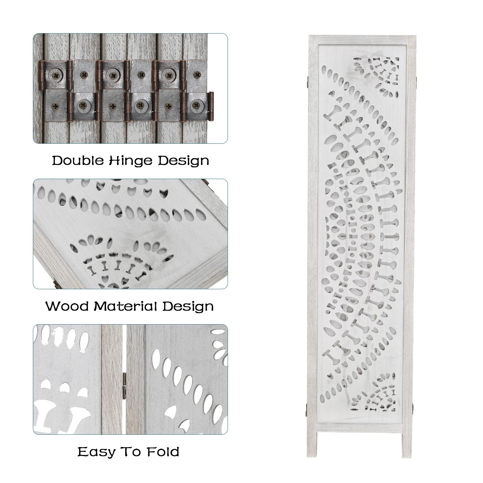 Babion 6 Panel Wooden Room Divider - 5.6 Ft Tall Folding Privacy Screen with Carved Design, White Home Office Partition for Bedroom, Living Room & Workspace (No Assembly Required, Double Hinged)