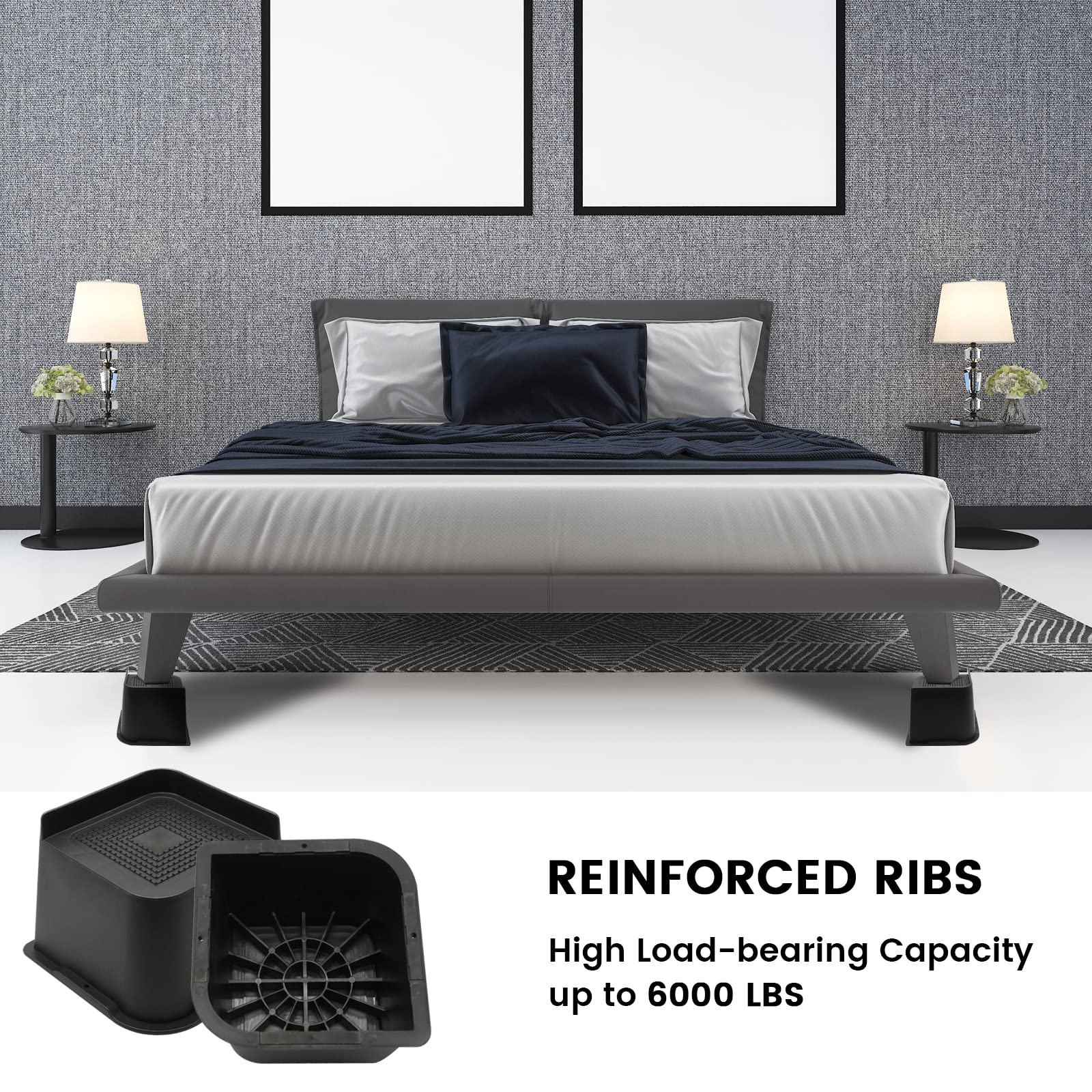 Heavy Duty Bed Risers 4 Pack - 4 Inch Furniture Risers for Couch, Sofa, Table & Chair - Supports Up to 6000 lbs - Extra Sturdy Oversized Lift - Perfect for Dorm Rooms, Home Office & Bedroom Furniture (Black)