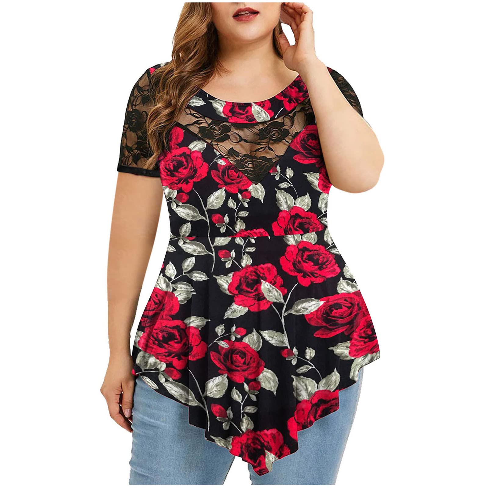 2022 Women's V-Neck Ruffle Button Casual T-Shirt - Short Sleeve Beach Top with Heartbeat Print | Perfect for Summer Outfits, Vacation Wear & Casual Daily Style