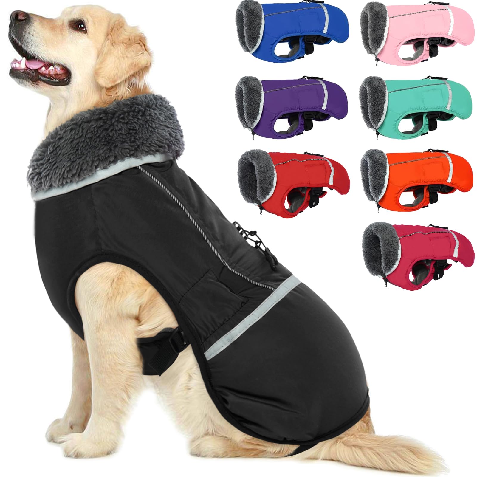 QBLEEV Reflective Waterproof Dog Winter Coat - Fleece Lined Warm Dog Jacket with Turtleneck for Small, Medium & Large Dogs - Cold Weather Snowsuit & Christmas Pet Apparel (Ideal for Outdoor Walks, Winter Adventures & Holiday Photos)