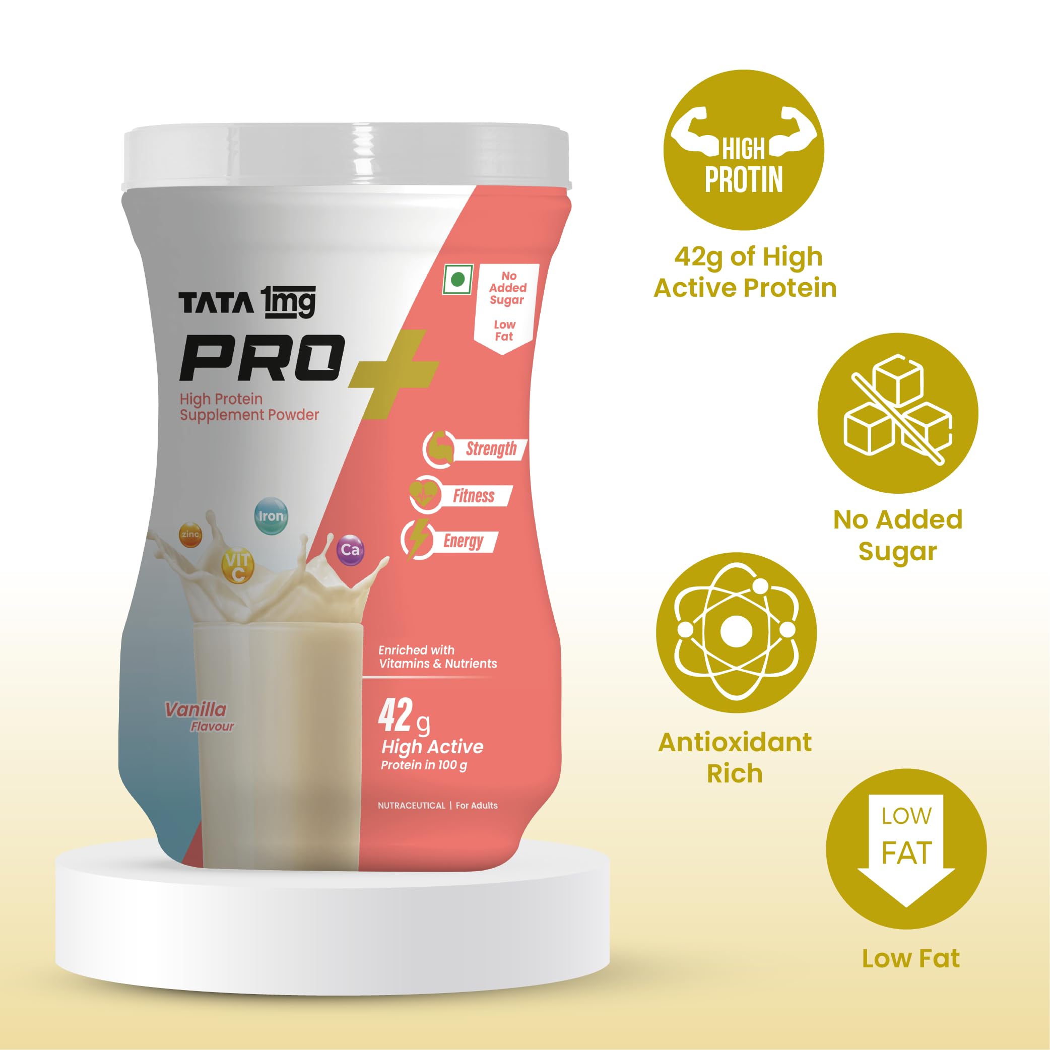 Tata 1mg Pro+ Soy Protein Powder - 23 Essential Nutrients for Muscle Growth, Bone Strength & Energy | Low Fat, No Added Sugar, Vanilla Flavor | Ideal for Post-Workout Recovery, Weight Management & Healthy Lifestyle