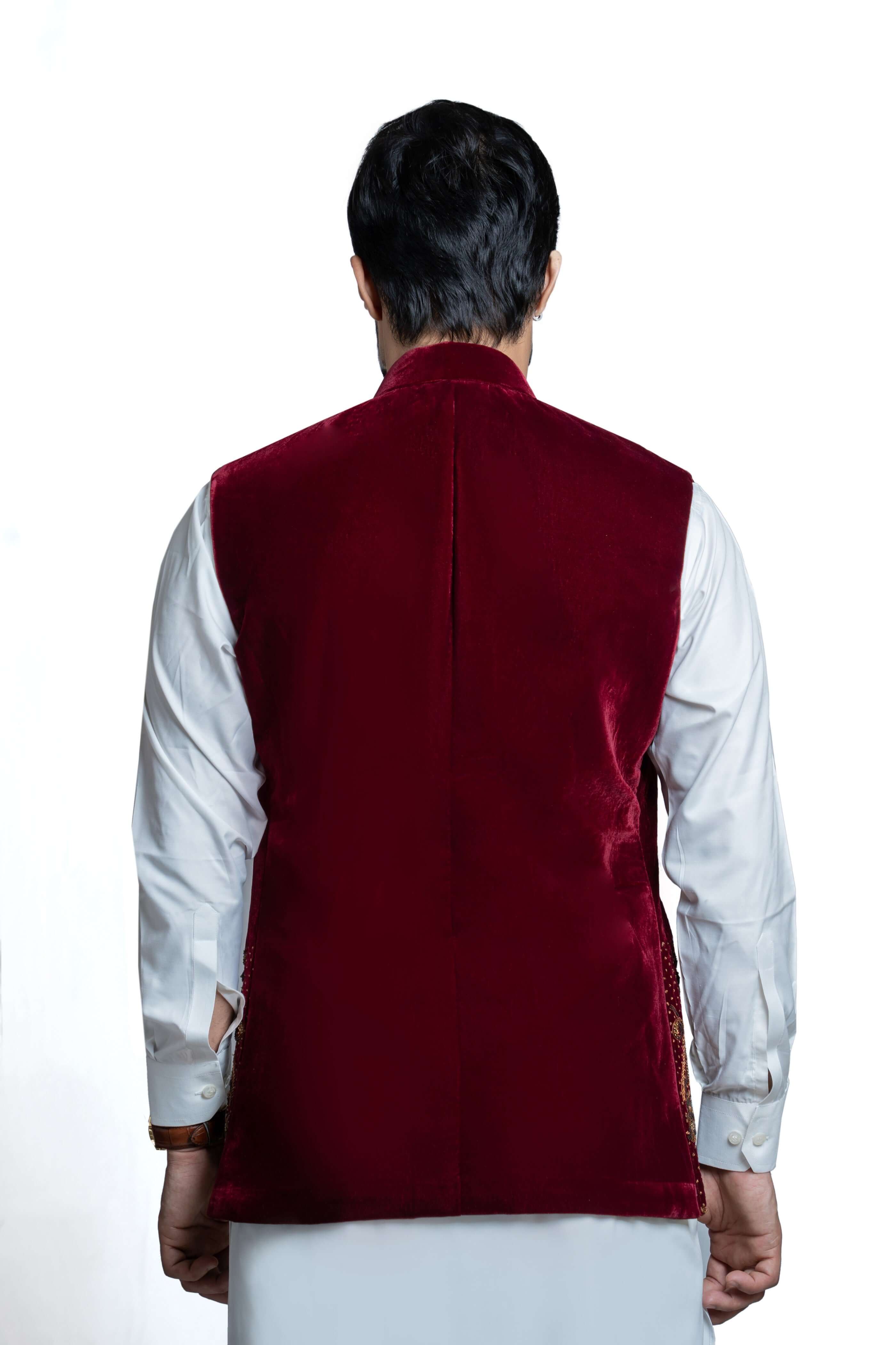 Deep Maroon Velvet Waistcoat with Gold Zardozi Embroidery - Elegant Formal Vest for Weddings, Parties & Special Occasions