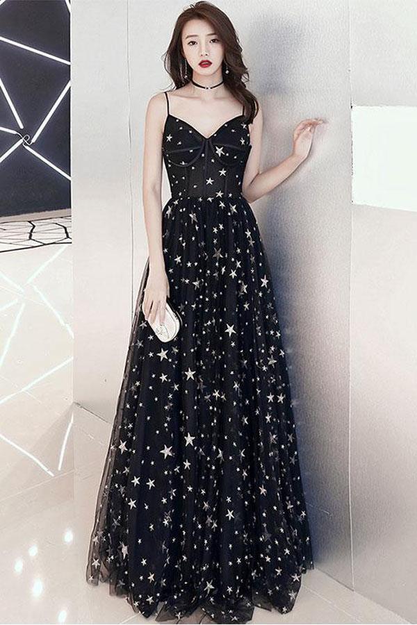 Elegant A-Line Floor Length Black Star Lace Prom Dress TP1062 - Perfect for Formal Dances, Evening Galas & Special Occasions