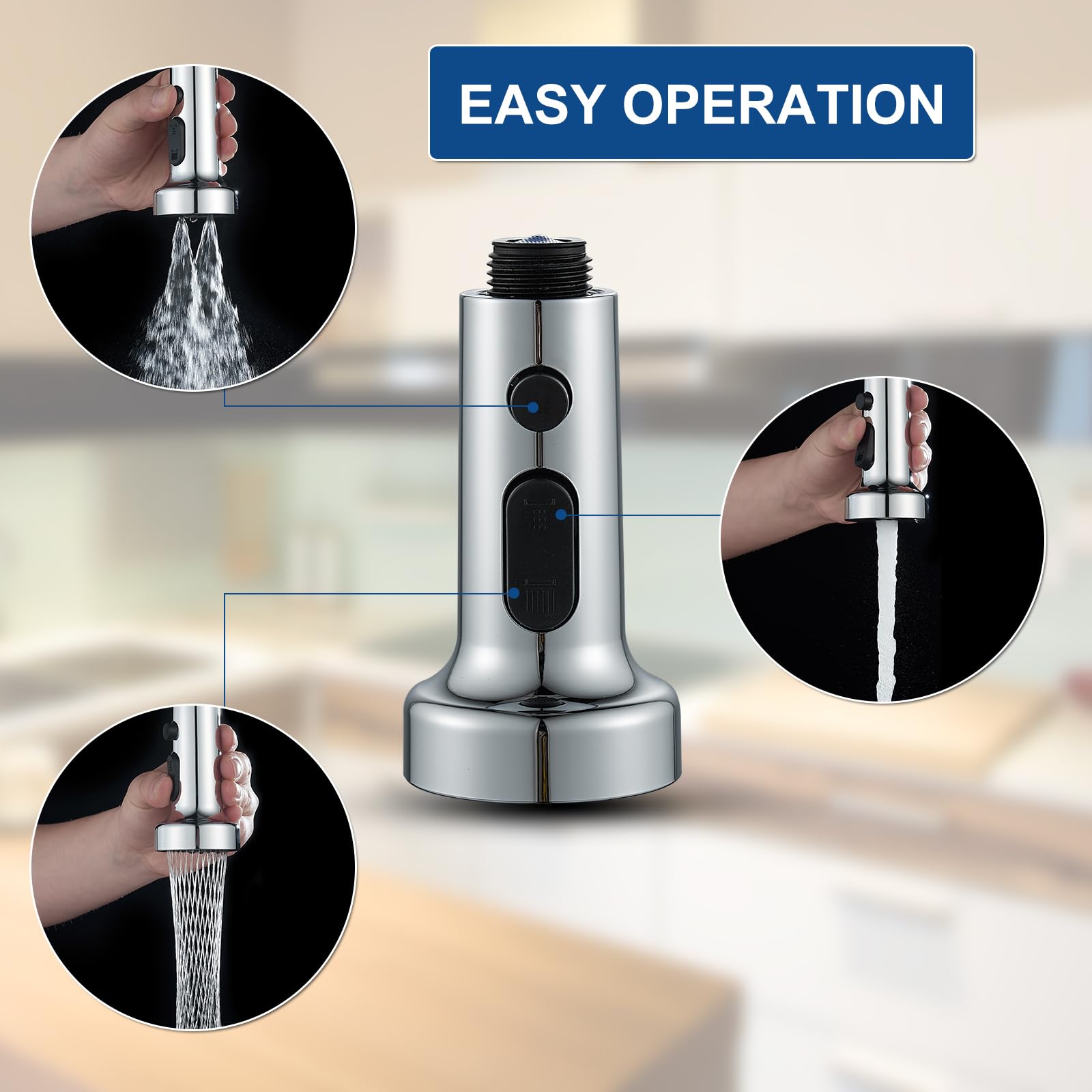 QAOYEDE Pull Down Kitchen Faucet Sprayer Head Replacement - Chrome Finish with G 1/2 Male Thread (No Adapter) - Dual Function Spray & Waterfall Modes for Kitchen Sink Faucets - Perfect for Dishwashing, Food Prep & Cleaning Fruits/Veggies