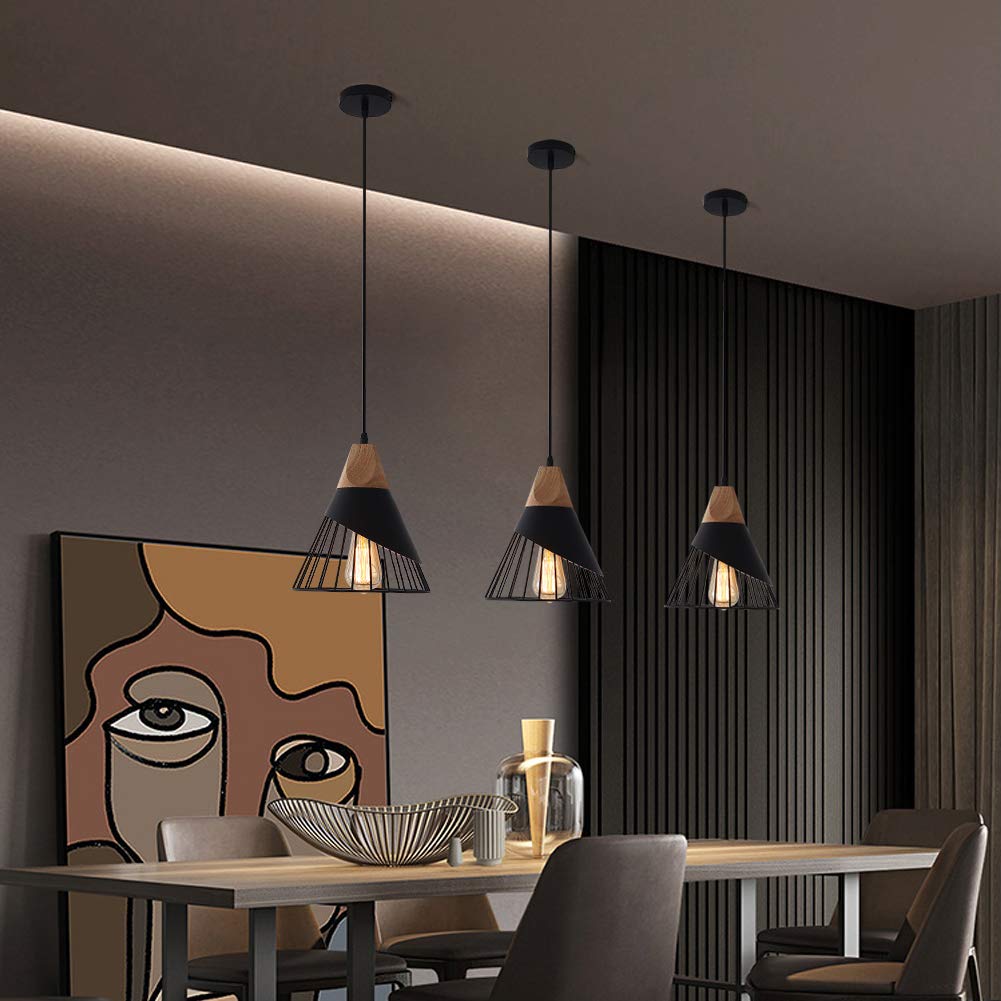 Modern Black Adjustable Wood Pendant Light - Kitchen Island Hanging Fixture for Dining Room, Living Room, Bedroom, Hallway & Bar | Industrial Style Lighting for Home & Commercial Spaces