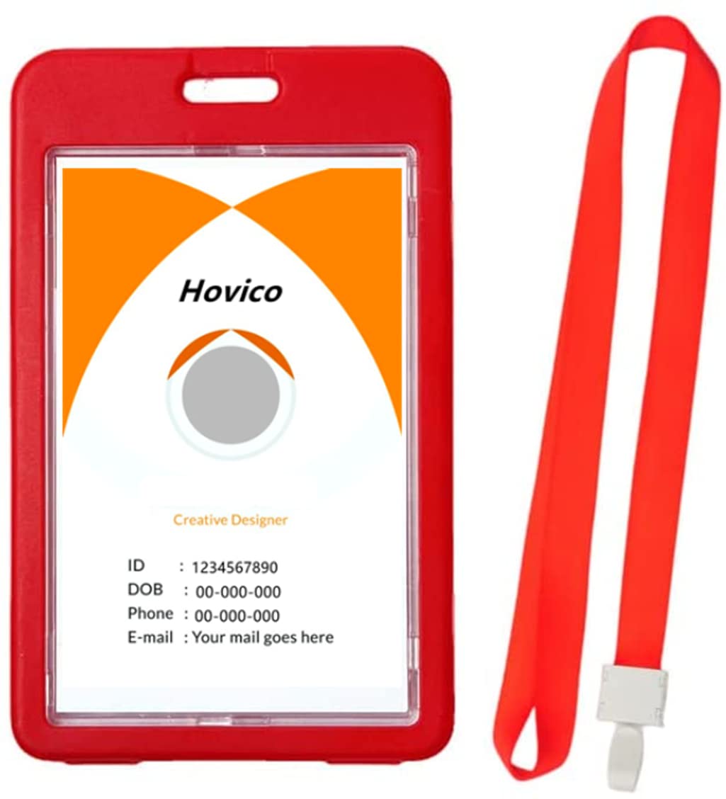 Hovico Vertical Double Sided Transparent ID Badge Holder with Lanyard - Waterproof School ID Card Holder & Name Tag (Red) - Perfect for Teachers, Students, and Office Professionals