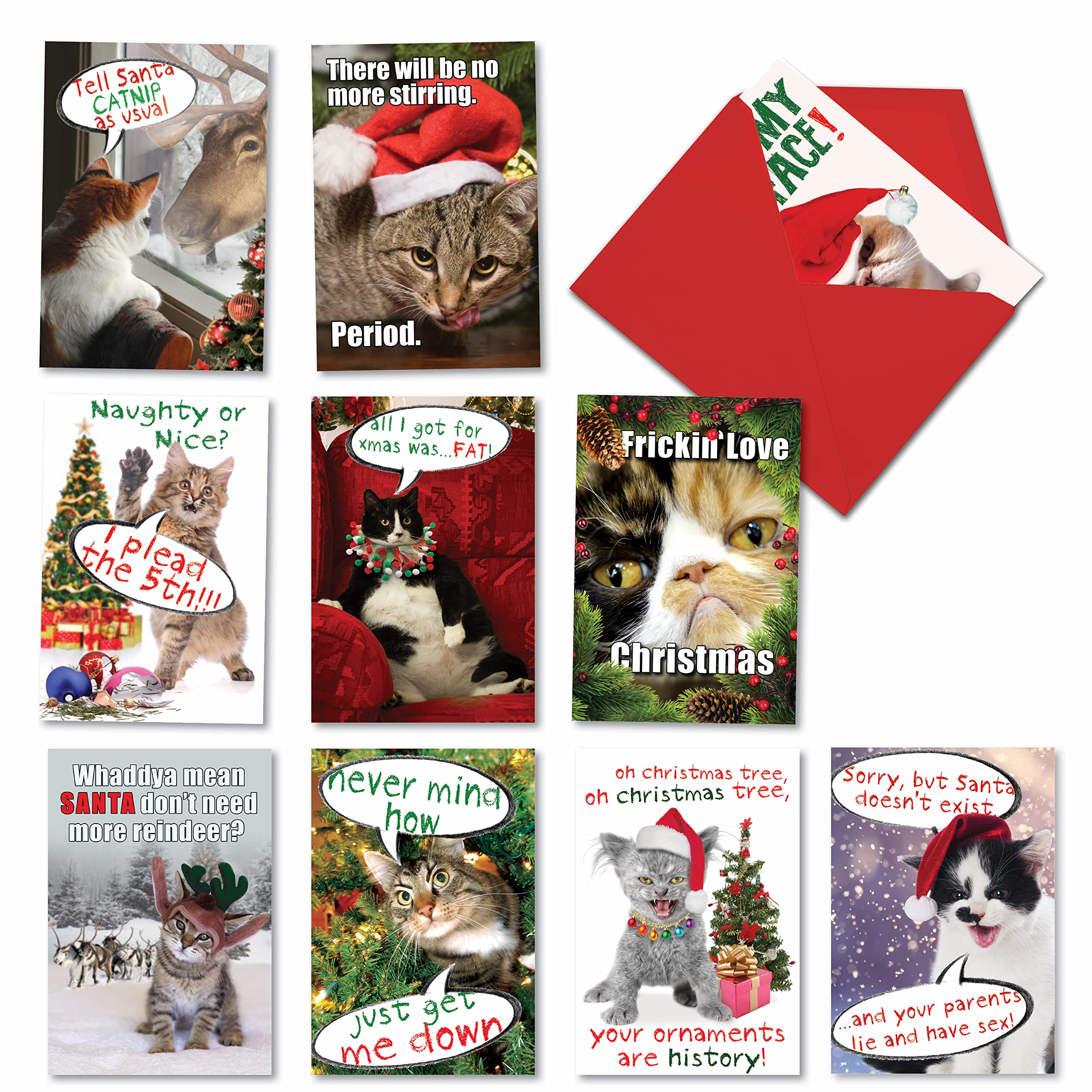 Funny Cats Christmas Greeting Cards - 10-Pack Holiday Humor Cards with Envelopes for Cat Lovers, Men & Women - Perfect for Holiday Gifts, Office Exchanges & Pet-Themed Celebrations