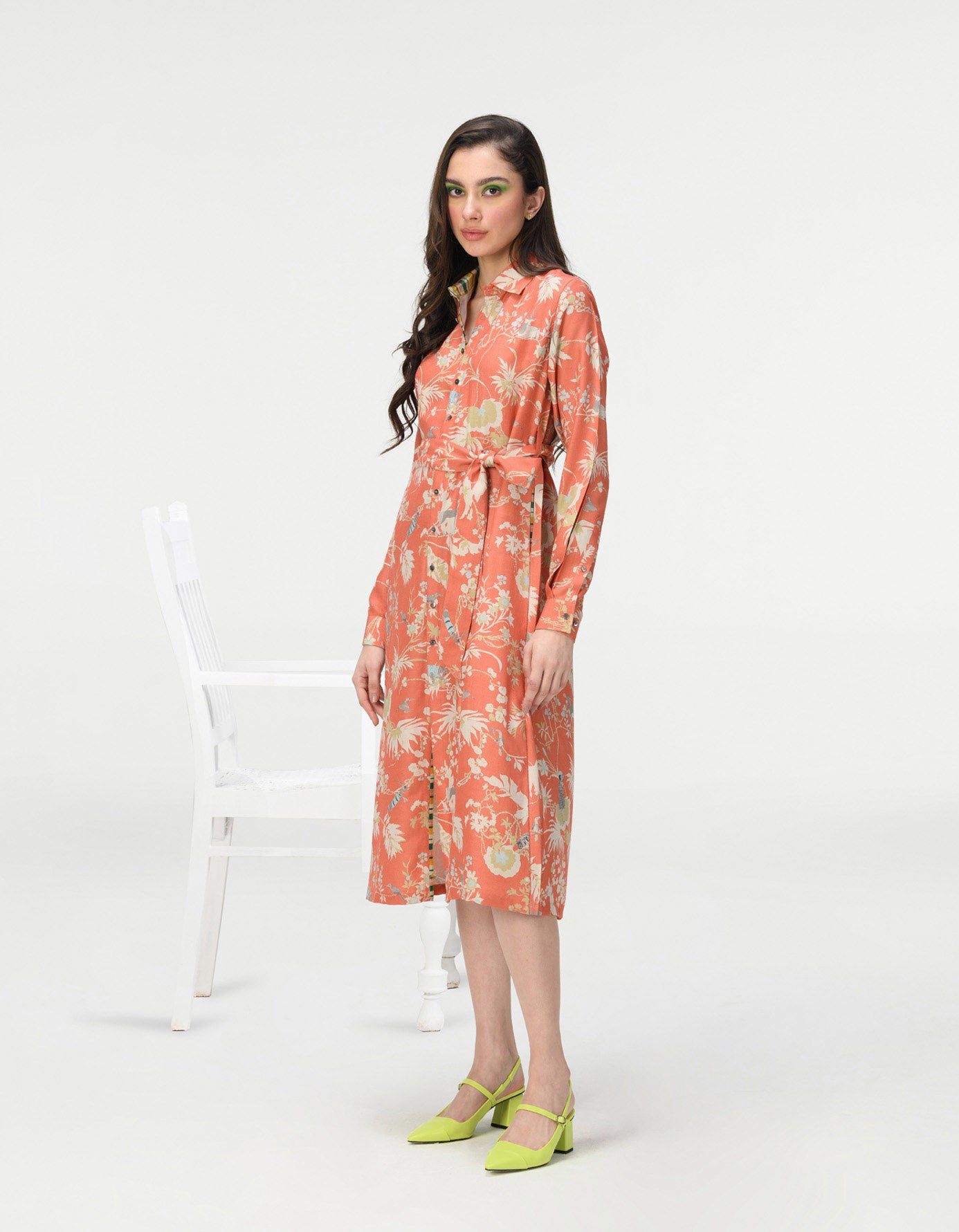 Elegant Tie Belt Shirt Dress - Muga Satin Coral Wrap Dress for Women | Perfect for Office, Date Night & Summer Outfits