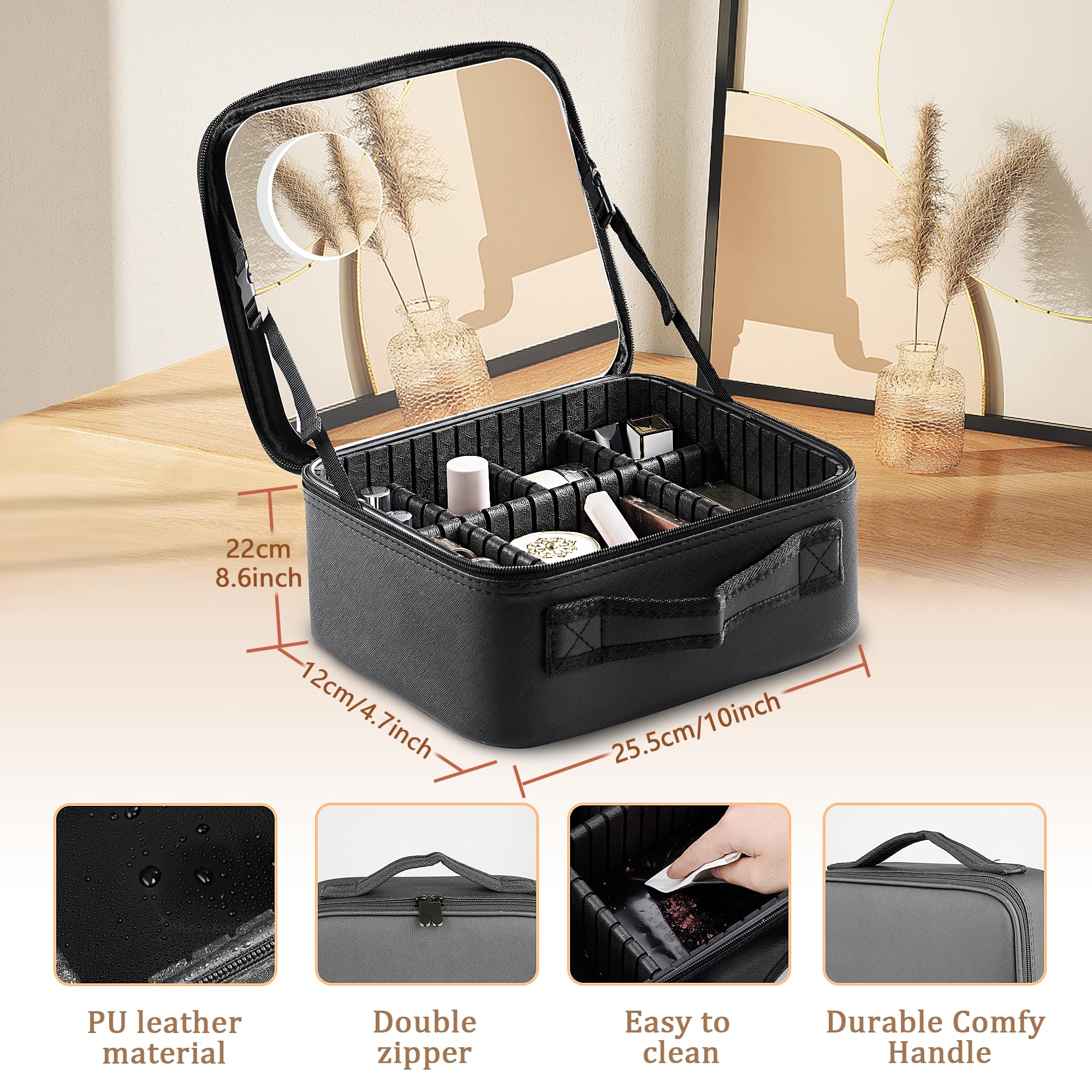 Makeup Bag with Mirror & 10x Magnification - Adjustable Dividers Cosmetic Organizer - Travel Makeup Case for Women (Black) - Perfect for Travel, Home & Salon Use