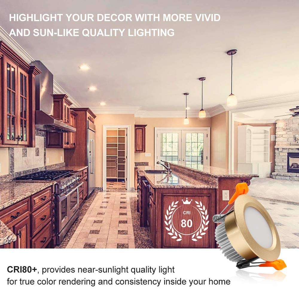 4 Pack 2 Inch LED Dimmable Downlight - 3W (35W Halogen Equivalent) Gold Trim Recessed Ceiling Lights for Kitchen, Bathroom, Living Room & Bedroom Lighting