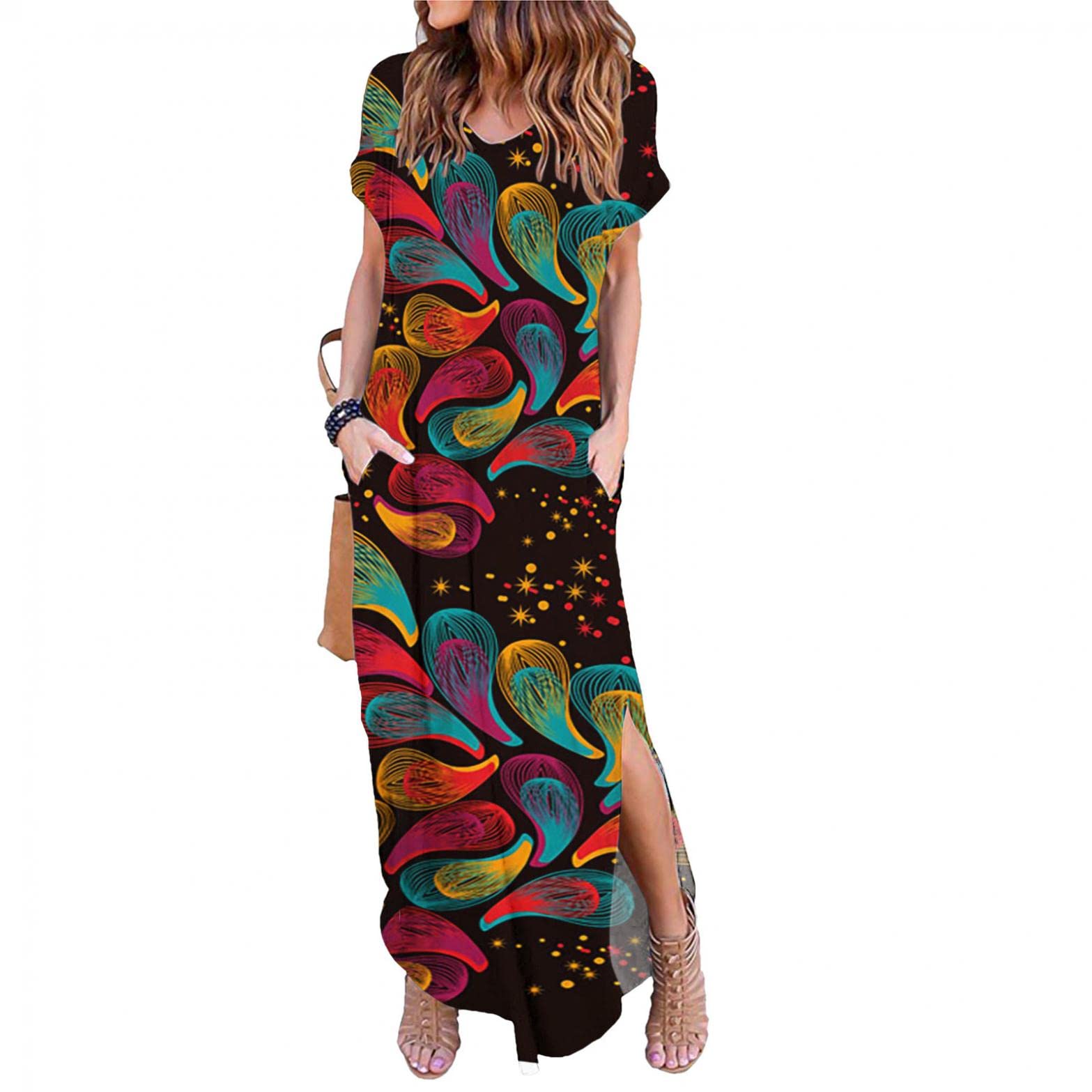 Women's Summer Casual Loose Beach Sundress - V Neck Short Sleeve Maxi Dress with Side Slit | Perfect for Beach Vacations, Pool Parties & Summer Evenings