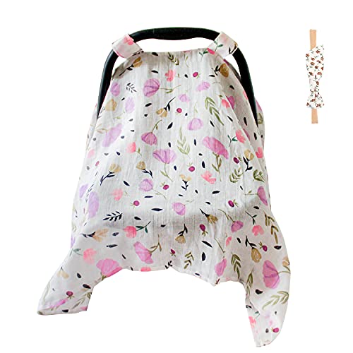 Vlokup Muslin Car Seat Cover for Baby Girls & Boys - Extra Large, Breathable, Lightweight, UV Protection - Purple Floral Design - Perfect for Strollers, Shopping, Travel & Outdoor Activities