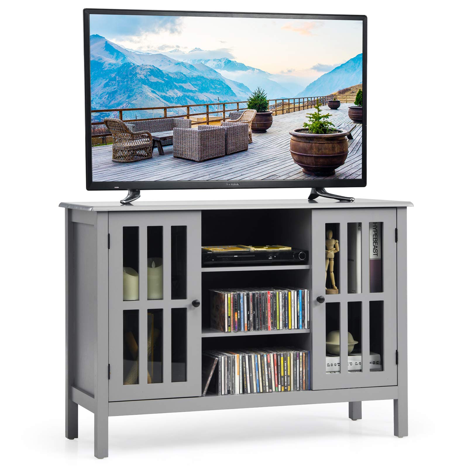 Tangkula 50 Inch Modern TV Stand - Tall Entertainment Center with 2 Storage Cabinets, 3 Open Shelves & Cable Management - Wood Media Console for Living Room, Bedroom, Home Theater - Grey Buffet Cabinet (Perfect for Organizing Electronics & Displaying Decor)