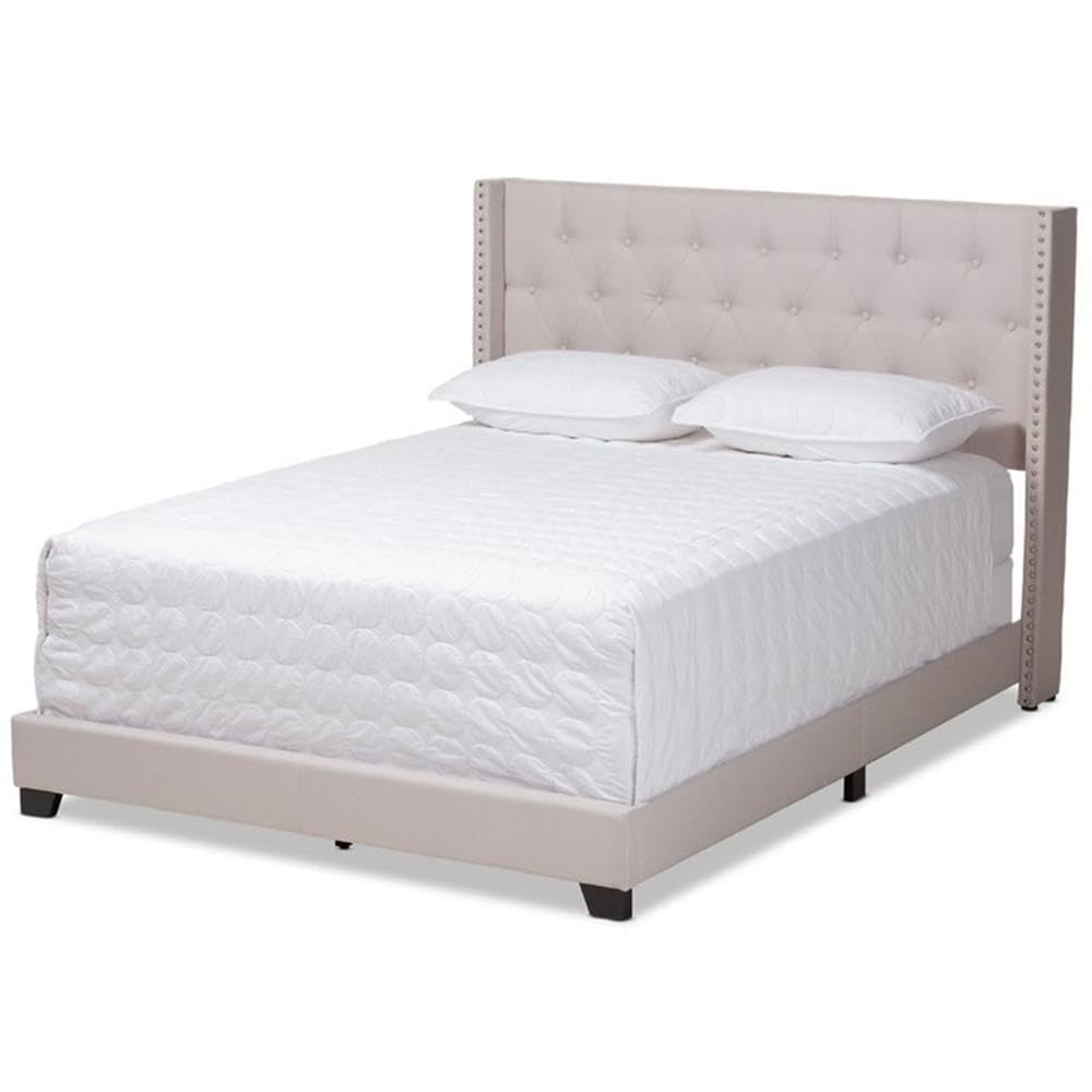 BOWERY HILL Modern Upholstered Fabric Tufted King Size Bed Frame in Beige - Luxury Bedroom Furniture for Master Suite & Guest Room