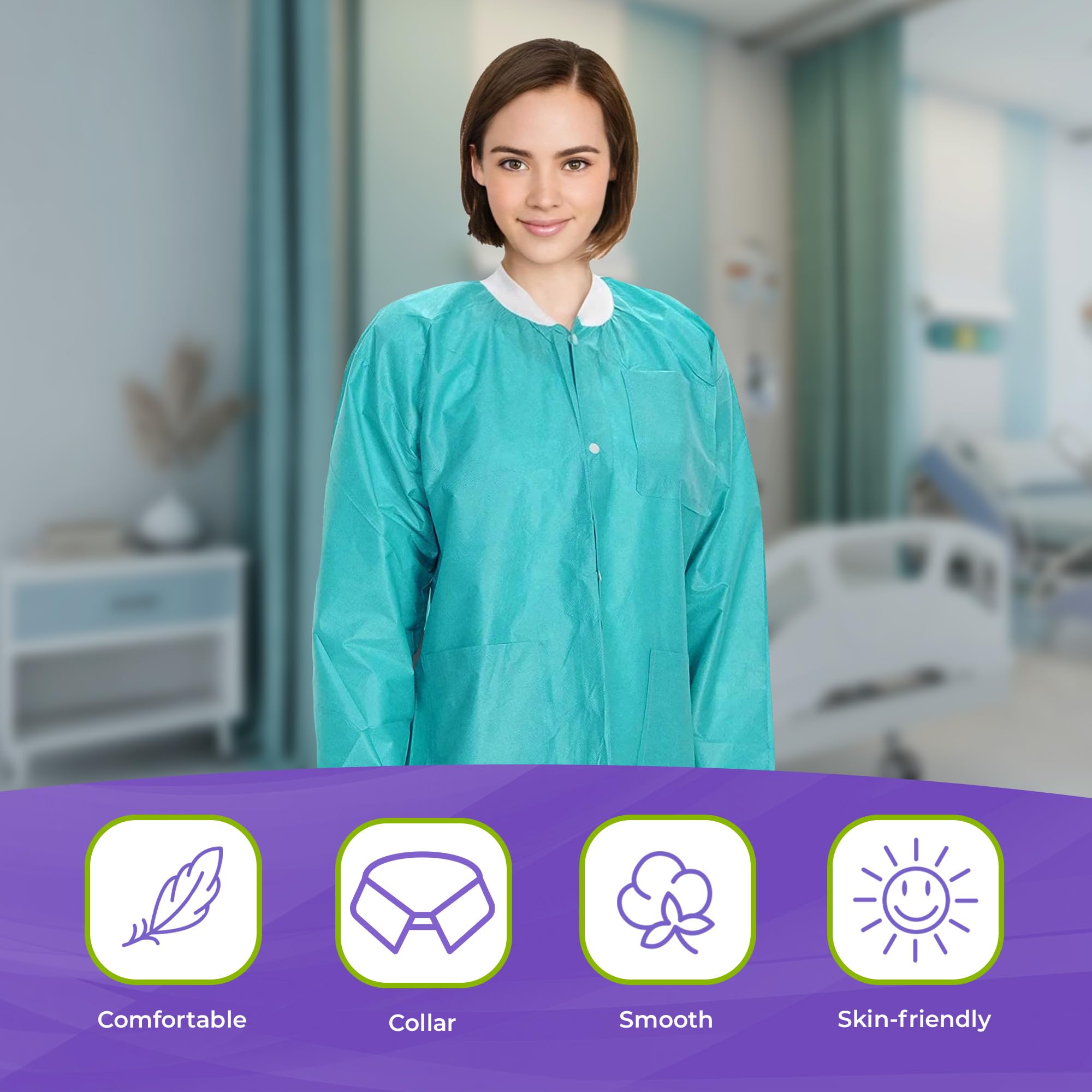 AMZ Medical Supply Teal Disposable Lab Coats with Pockets - Small (Pack of 50) | 45 GSM SMS Dental Jackets | Hip-Length Snap Front Design with Knit Cuffs & Collar | 3 Functional Pockets | Ideal for Dental Clinics, Laboratories & Healthcare Settings